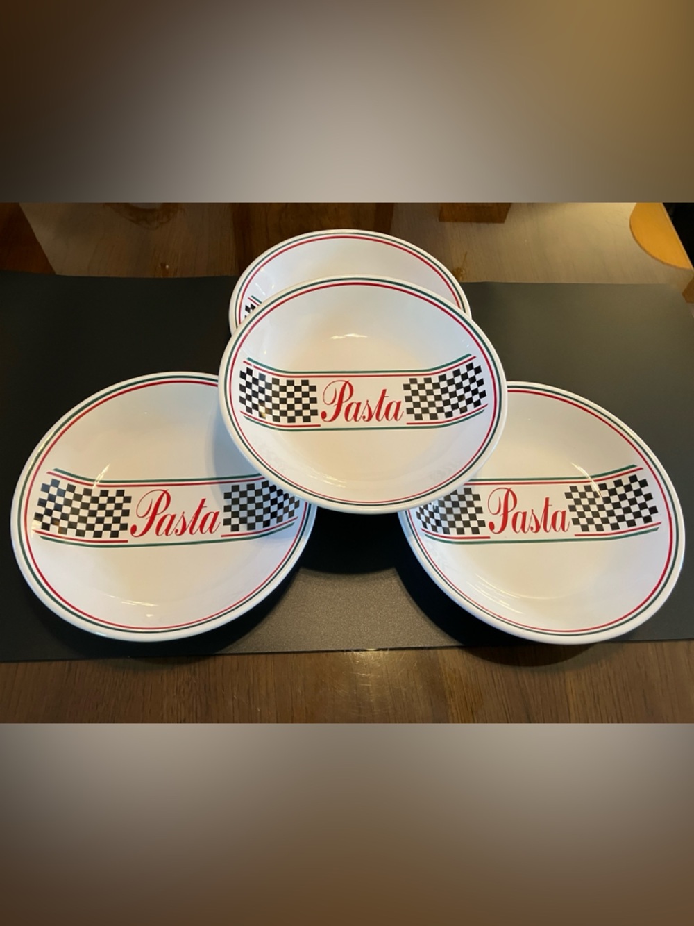 Strada White Pasta Bowls with Red and Black Check Accent (Set of 4)
